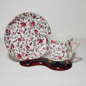 Chintz Teacup and Saucer 3 Footed Pink Flowers Vintage